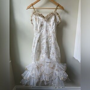 NEW LEAF Vintage Mermaid Lace Ruffle‎ Butterfly Dress Metallic Glam Party XS